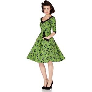 Voodoo Vixen Green Black Cat Umbrella Print Scalloped Fit Flare Dress Small